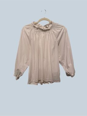 J. Crew White Smocked Ruffle Neck & Cuffs  Blouse Relaxed Long Sleeve Boho LRG